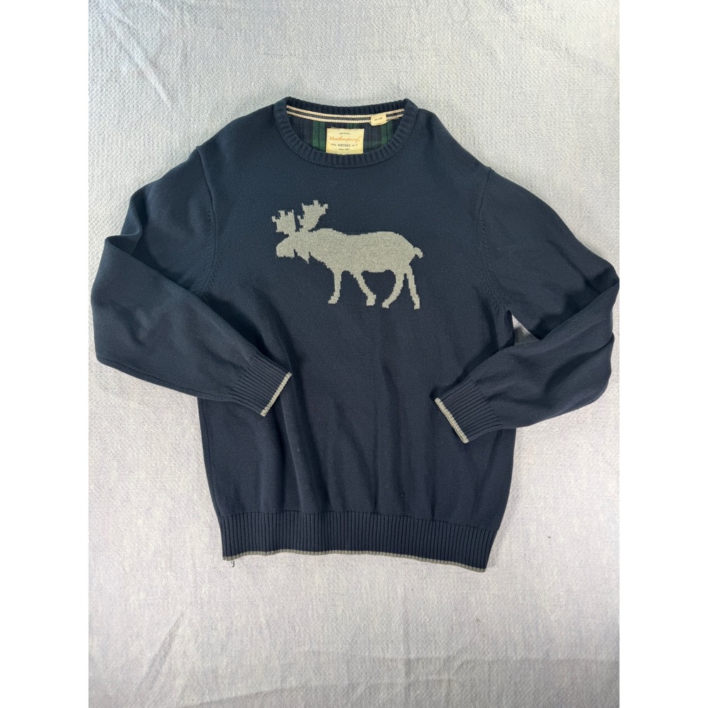Weatherproof Vintage Mens Navy Blue Moose Intarsia Cotton Crewneck Sweater XL